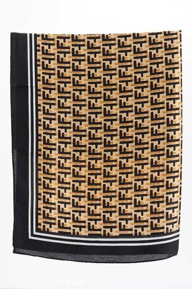 Luxe monogram print silk bandana with black and white border stripes