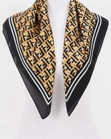 Black silk bandana scarf with tan and black monogram pattern