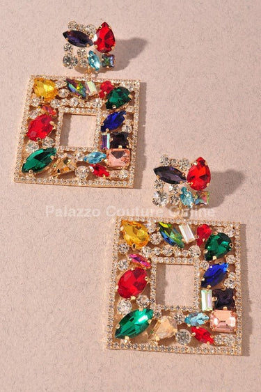 Multi Stone Embellished Square Dangle Evening Earrings - Palazzo Couture Online