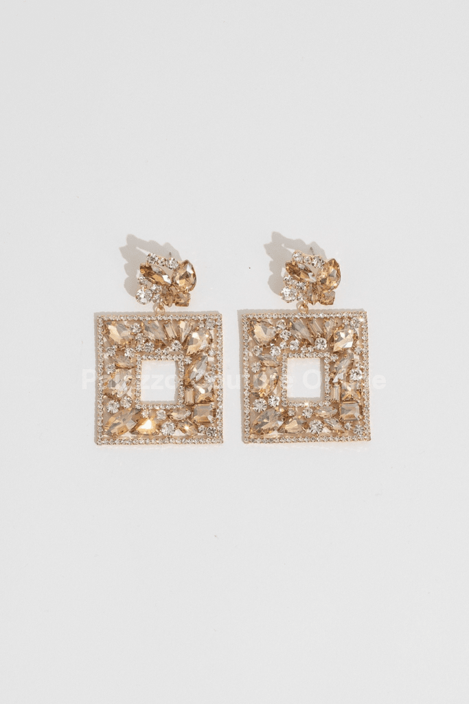 Multi Stone Embellished Square Dangle Evening Earrings One Size / Gold