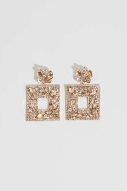 Multi Stone Embellished Square Dangle Evening Earrings One Size / Gold