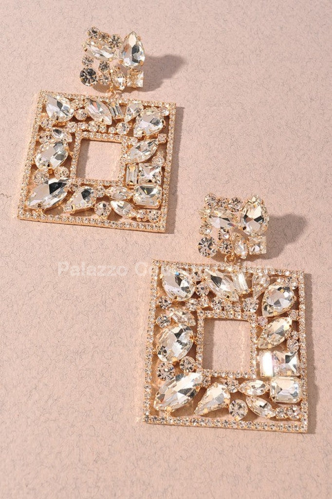 Multi Stone Embellished Square Dangle Evening Earrings One Size / Gold Clear