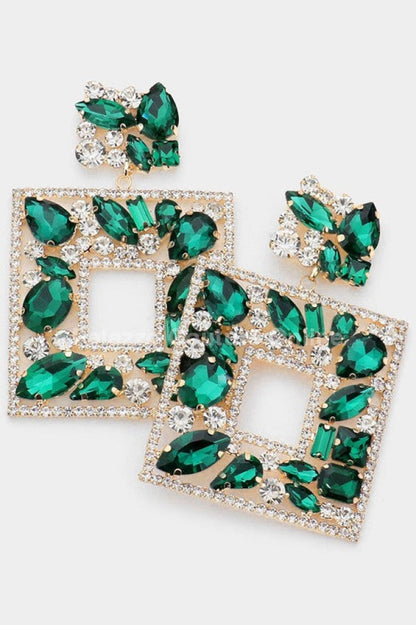 Multi Stone Embellished Square Dangle Evening Earrings One Size / Green