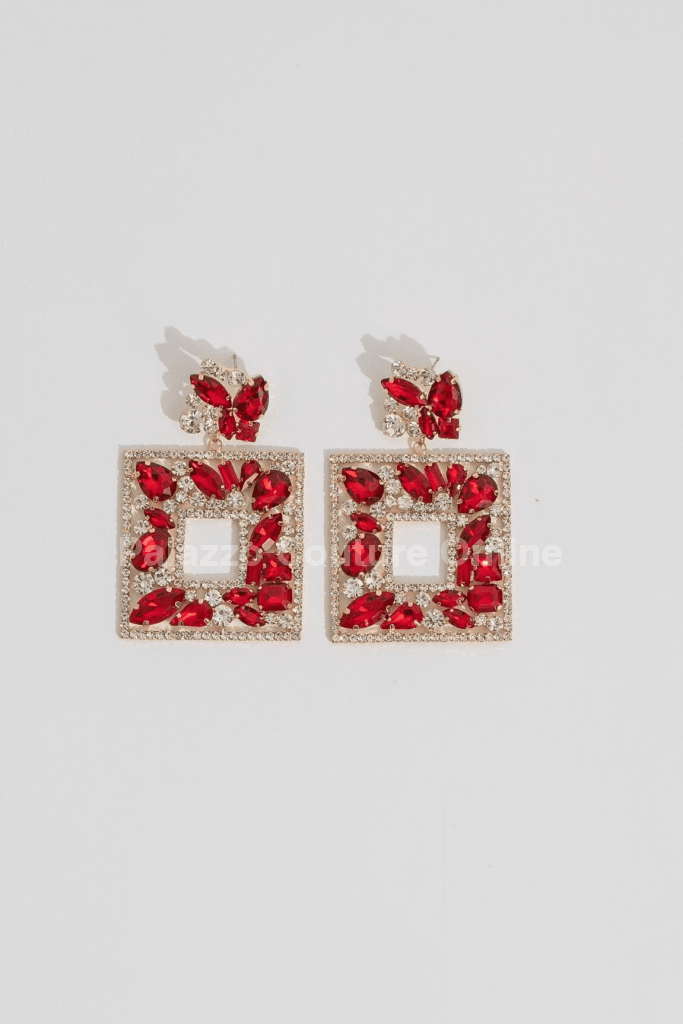 Multi Stone Embellished Square Dangle Evening Earrings One Size / Red