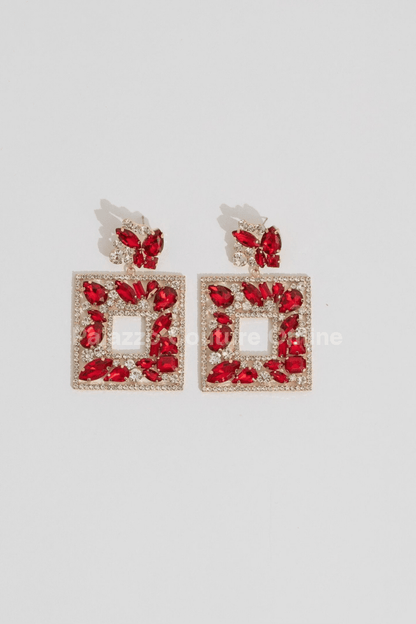 Multi Stone Embellished Square Dangle Evening Earrings One Size / Red