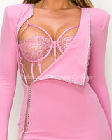 Pink rhinestone dress with snap closure and high leg slit