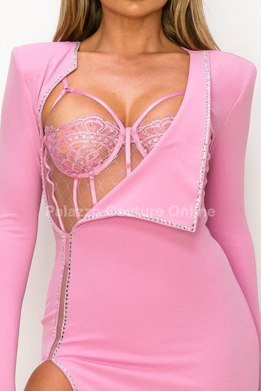 Pink rhinestone dress with snap closure and high leg slit