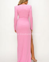 High-slit pink dress with rhinestone embellished bodysuit