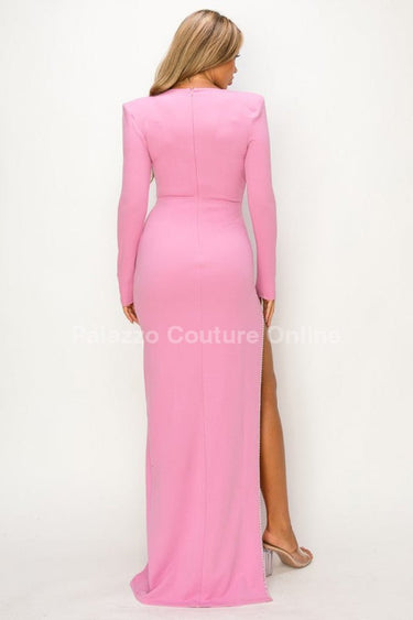 High-slit pink dress with rhinestone embellished bodysuit