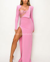 Pink rhinestone dress with sheer bodice and long sleeves