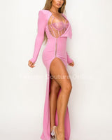 Elegant pink mesh dress featuring sweetheart neckline