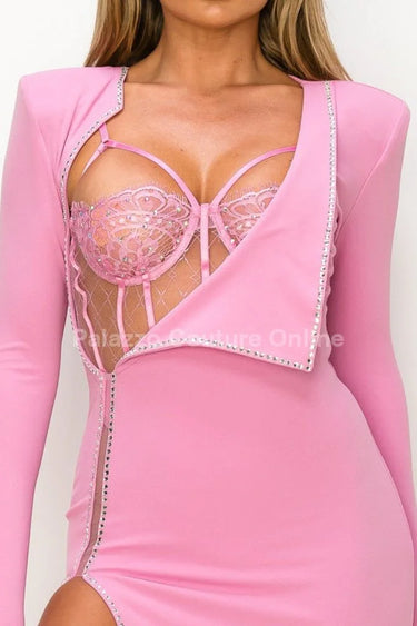 My Own Style of Loving Pink Rhinestone Dress side view highlighting floor-length hemline
