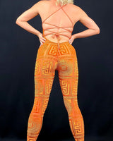 Orange velvet mesh jumpsuit full view – bold one‑piece evening outfit