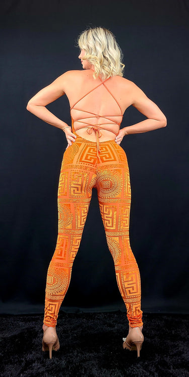 Orange velvet mesh jumpsuit full view – bold one‑piece evening outfit