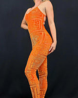 Velvet mesh jumpsuit in orange – plush velvet and sheer mesh panels