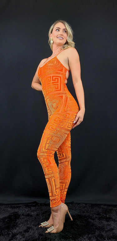 Velvet mesh jumpsuit in orange – plush velvet and sheer mesh panels