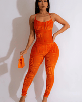Velvet mesh jumpsuit – orange party jumpsuit with mesh details
