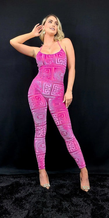 Next Destination Velvet Mesh Jumpsuit (Pink) - trendy women's jumpsuit