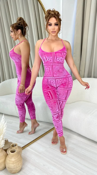 Next Destination Velvet Mesh Jumpsuit (Pink) - bold jumpsuit for women
