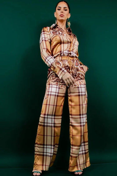 Night in Milan Pant Set (Camel) close up of matching top design and fabric detail