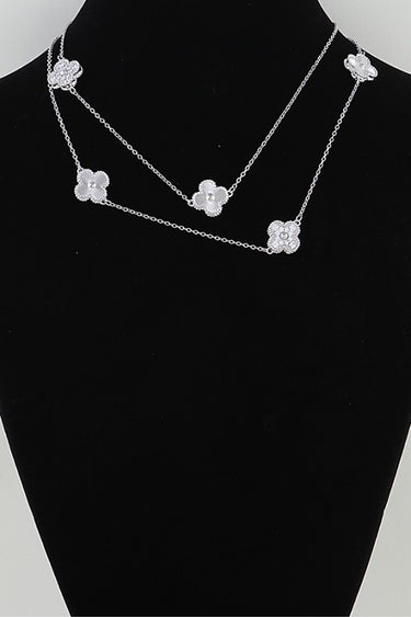 Bejeweled Clover Chain Drop Necklace – Layered Double-Chain Long Necklace