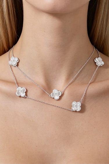 Bejeweled Clover Chain Drop Necklace – Layered Double-Chain Long Necklace