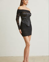 Noir Silhouette Ruched Mini Dress And Corset 2PC (Black) - Palazzo Couture Online