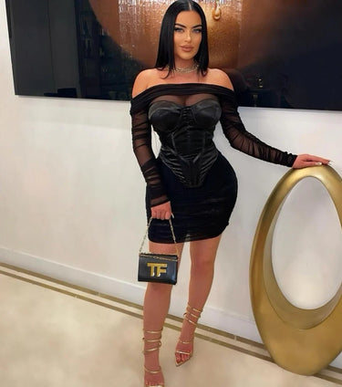 Noir Silhouette Ruched Mini Dress And Corset 2PC (Black) - Palazzo Couture Online