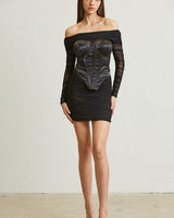 Noir Silhouette Ruched Mini Dress And Corset 2PC (Black) - Palazzo Couture Online