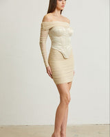 Noir Silhouette Ruched Mini Dress And Corset 2PC (Champagne) - Palazzo Couture Online