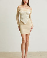 Noir Silhouette Ruched Mini Dress And Corset 2PC (Champagne) - Palazzo Couture Online