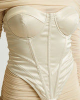 Noir Silhouette Ruched Mini Dress And Corset 2PC (Champagne) - Palazzo Couture Online