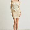 Noir Silhouette Ruched Mini Dress And Corset 2PC (Champagne) front view showing mini dress silhouette