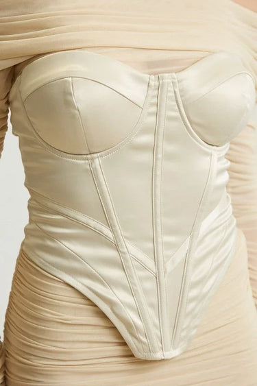 Noir Silhouette Ruched Mini Dress And Corset 2PC (Champagne) side view highlighting short hemline