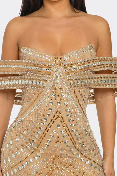 Nude Glam Luxe Mini Dress Nude side view highlighting short hemline