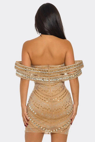 Elegant Nude elegant mini dress on model styled for going out