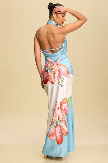 Women’s green multicolor floral halter maxi dress – perfect for vacation or beach dinner