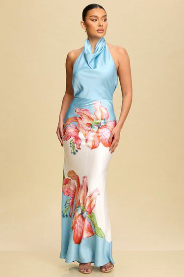 Tropical bloom halter maxi dress in green multicolor – elegant woman’s resort wear