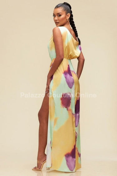 Obsessed One Shoulder Drape Maxi Dress ( Orange/Mint) - Palazzo Couture Online