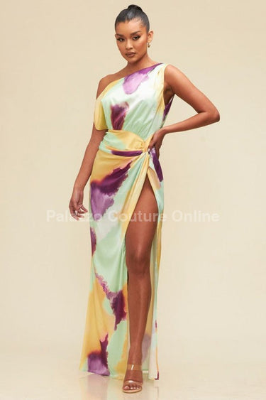 Obsessed One Shoulder Drape Maxi Dress ( Orange/Mint) - Palazzo Couture Online