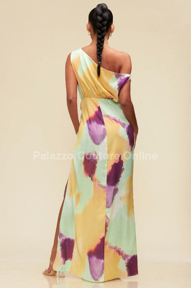 Obsessed One Shoulder Drape Maxi Dress ( Orange/Mint) - Palazzo Couture Online