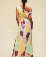 Obsessed One Shoulder Drape Maxi Dress ( Orange/Mint) showing sophisticated construction details