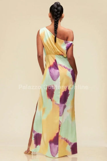 Obsessed One Shoulder Drape Maxi Dress ( Orange/Mint) showing sophisticated construction details