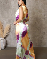 Obsessed One Shoulder Drape Maxi Dress ( Orange/Mint) close up detail of one shoulder design and fabric