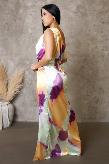 Obsessed One Shoulder Drape Maxi Dress ( Orange/Mint) close up detail of one shoulder design and fabric