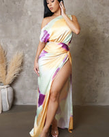 Obsessed One Shoulder Drape Maxi Dress ( Orange/Mint) front view showing full-length maxi silhouette