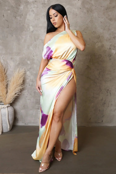 Obsessed One Shoulder Drape Maxi Dress ( Orange/Mint) front view showing full-length maxi silhouette