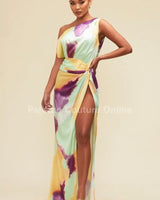 Obsessed One Shoulder Drape Maxi Dress ( Orange/Mint) side view highlighting floor-length hemline