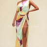 Obsessed One Shoulder Drape Maxi Dress ( Orange/Mint) side view highlighting floor-length hemline