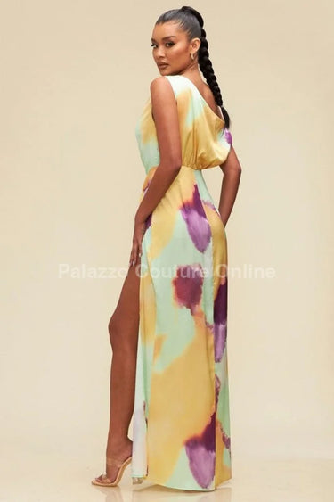 Elegant Orange/Mint one shoulder maxi dress on model styled for evening event